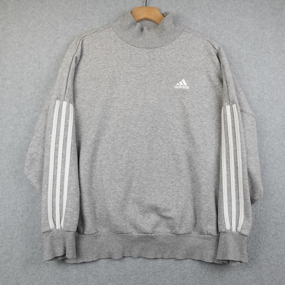 Adidas Sweater Womens Medium Gray Mock Neck 3 Stripe Pullover Sweatshirt Workout